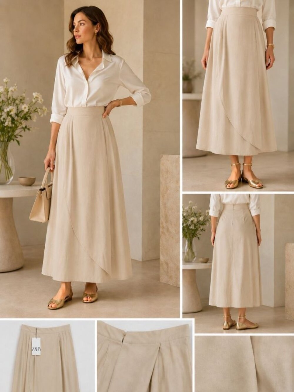 Zara Beige Wrap Style Midi Skirt Cotton Size L NWT